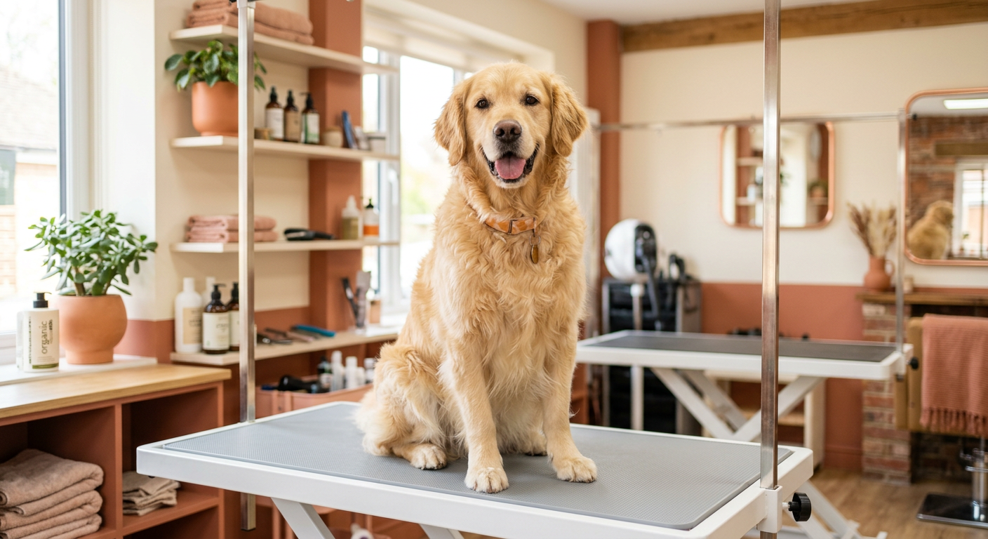 Happy dog on grooming table